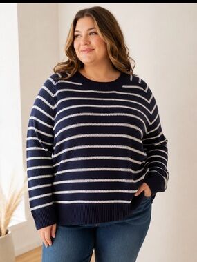 NWT: For The Republic Navy and White Striped Crewneck Sweater